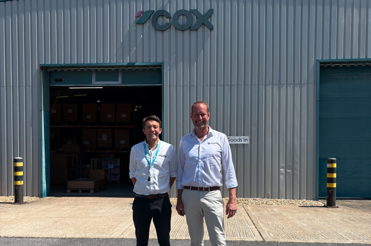 Cox Marine CEO George Bramley with Dpower CEO Peter Nauwerck outside the Cox Marine facility in Shoreham-by-Sea, UK.