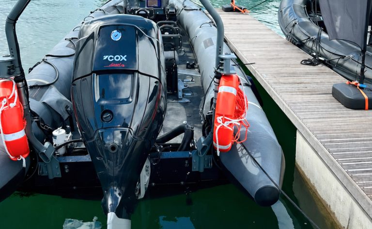 RHIB undergoing repowering with cox marine diesel outboard engine